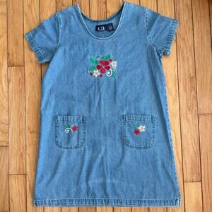 VTG C.B. Casual Petite Denim Floral Embroidered Tunic Dress Pockets Blue Size L